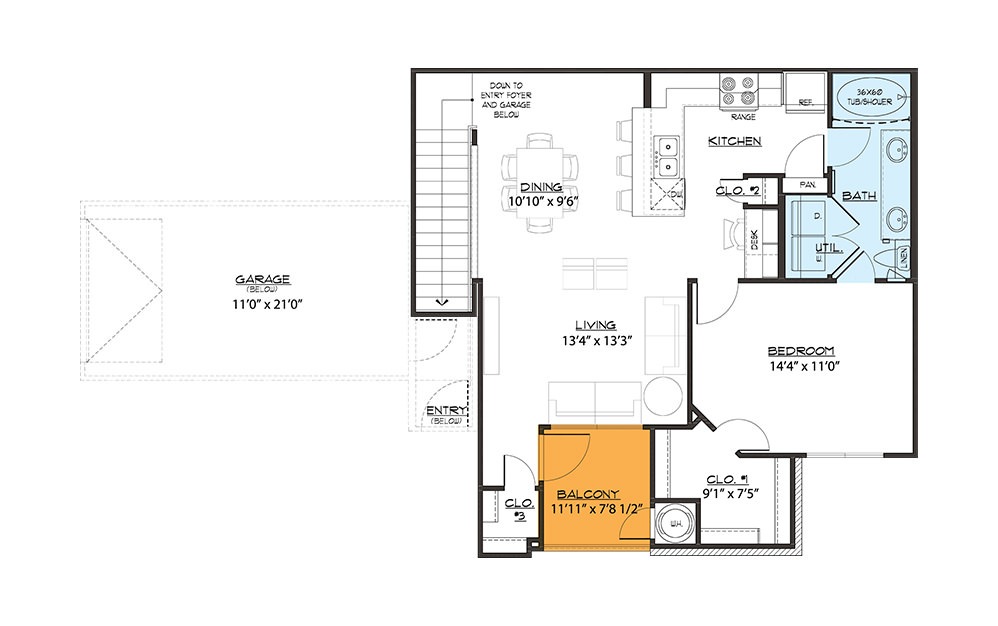 A2 - 1 bedroom floorplan layout with 1 bath and 879 square feet (1st floor 2D)