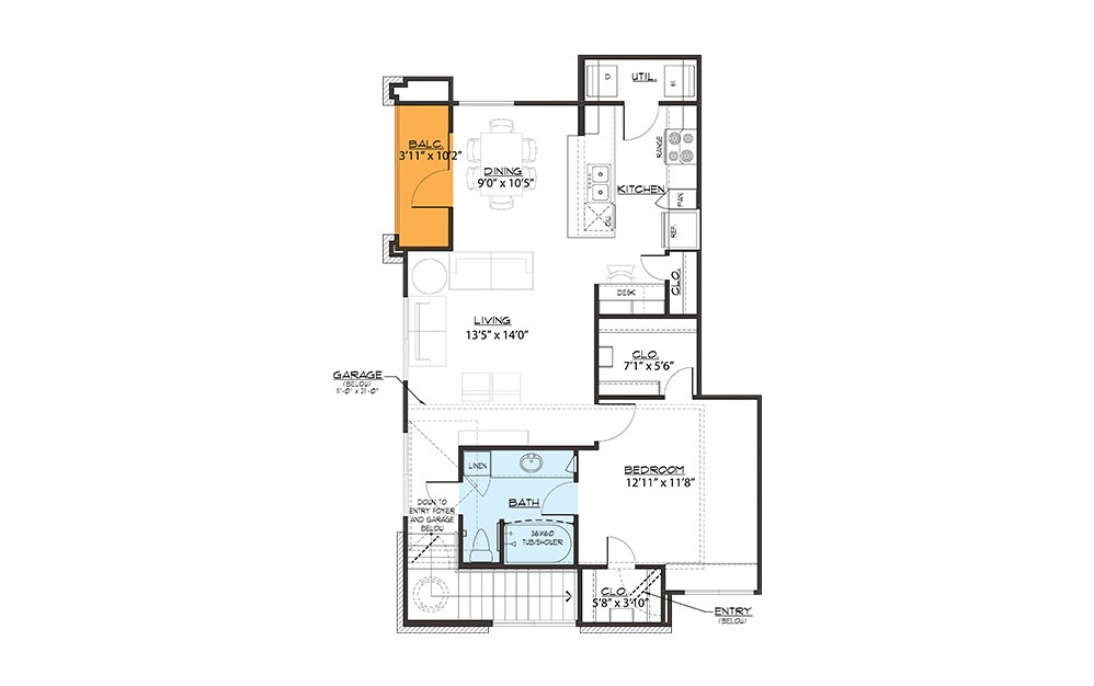 A4 - 1 bedroom floorplan layout with 1 bath and 867 square feet (1st floor 2D)