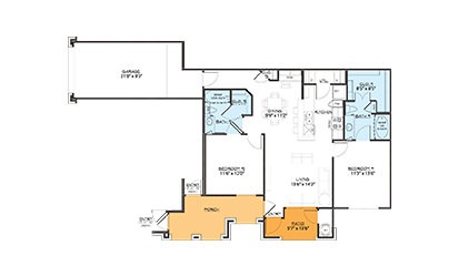 B1 - 2 bedroom floorplan layout with 2 bath and 1028 square feet