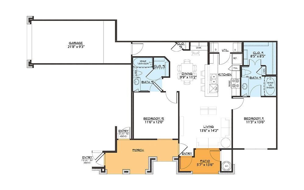 B1 - 2 bedroom floorplan layout with 2 bath and 1028 square feet (1st floor 2D)