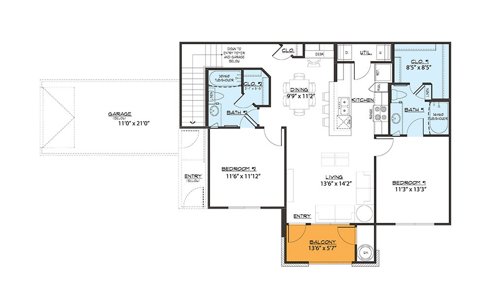 B2 - 2 bedroom floorplan layout with 2 bath and 1126 square feet (1st floor 2D)