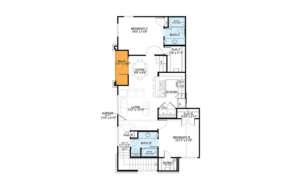 B4 - 2 bedroom floorplan layout with 2 bath and 1074 square feet (1st floor 2D)