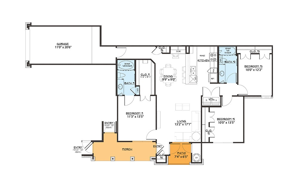 C1 - 3 bedroom floorplan layout with 2 bath and 1240 square feet (1st floor 2D)