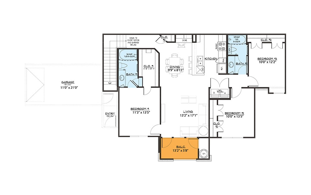 C2 - 3 bedroom floorplan layout with 2 bath and 1331 square feet (1st floor 2D)